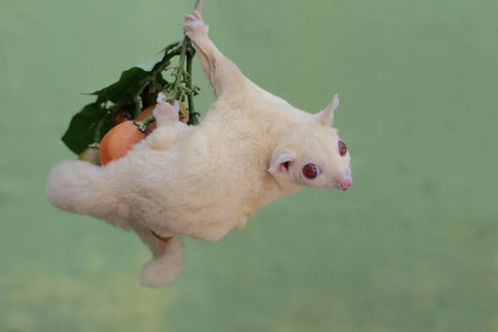Flying sugar glider with fruit on green background.の写真素材