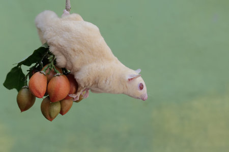 Little sugar glider hanging on a tree with a bunch of fruitの写真素材