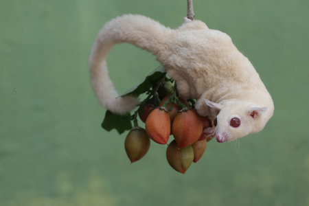 A little sugar glider hanging on a branch with a bunch of fruitの写真素材