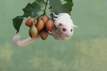 Little sugar glider hanging on a branch of kiwi treeの写真素材