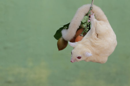 White sugar glider hanging on a branch with a fruit.の写真素材