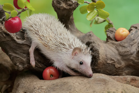 hedgehog on a tree branch with red apples in the gardenの写真素材