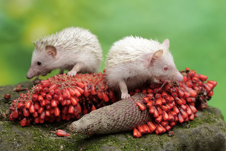 Two white albino hedgehogs on a branch with red berriesの写真素材