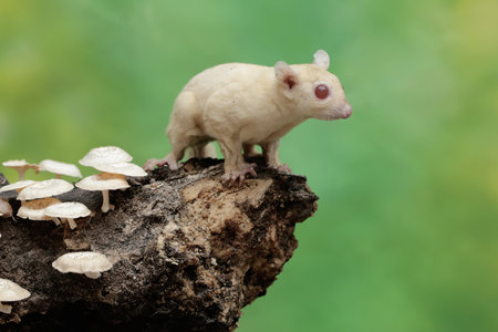 sugar glider on the tree with white mushrooms in the forest