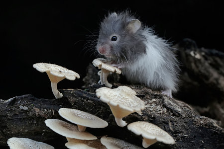 Hamster on a stump with white mushrooms on a black background.