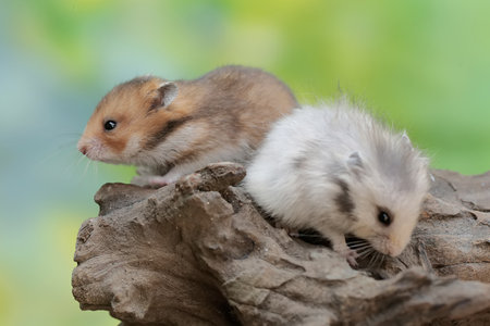 Hamster and little hamster on a tree stump, close-upの写真素材