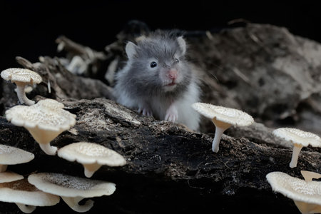 Hamster on a log with white mushrooms in the background. Black background.の写真素材