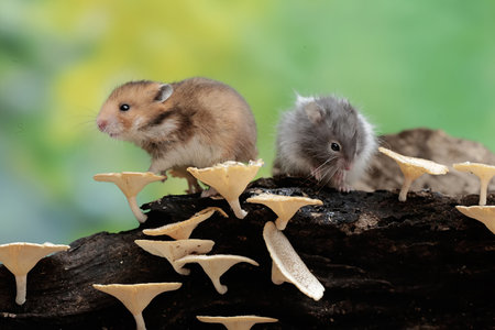 Hamster and little mouse on a tree stump.の写真素材