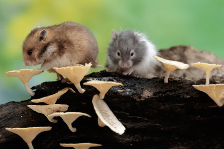 Hamsters eating mushrooms on a log in the forest.の写真素材