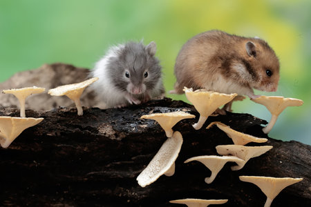 Hamster and little hamster eating mushrooms on a tree trunk.