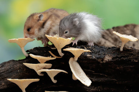 Hamster and baby hamster eating mushrooms on a tree stump.