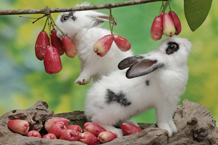 Rabbits on a tree with red fruits in the garden.の写真素材