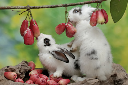rabbits on a branch of a tree with red fruits.の写真素材
