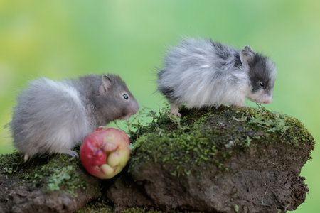Hamster and hamster on a mossy rock with an appleの写真素材
