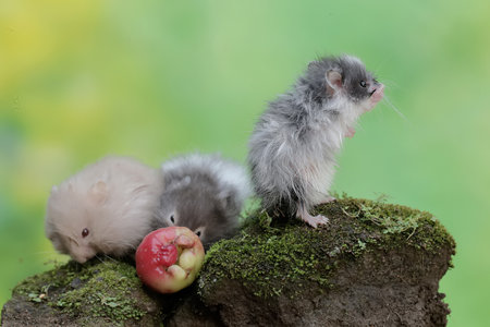 Hamster and baby hamsters on a mossy rock with an apple