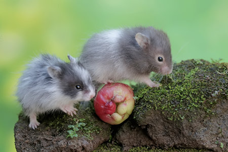 Hamsters on a rock with an apple. Hamsters on nature background.の写真素材