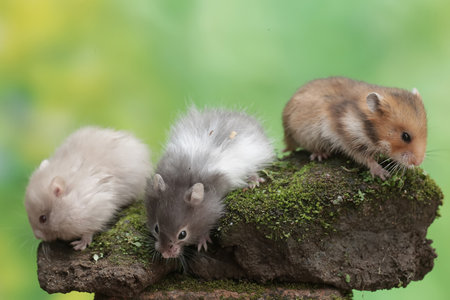 Hamsters on a mossy stone, close-up, on green background
