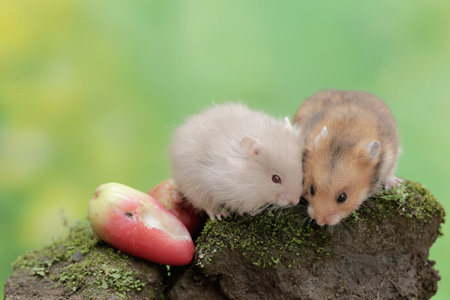 Hamster and hamster on a rock with a red apple.の写真素材