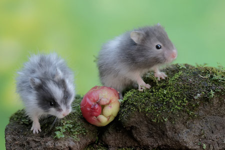 Hamster and hamster eating an apple on a mossy stoneの写真素材