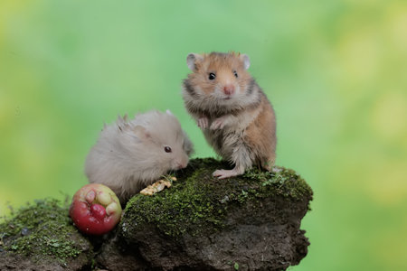 Two hamsters on a green background.の写真素材