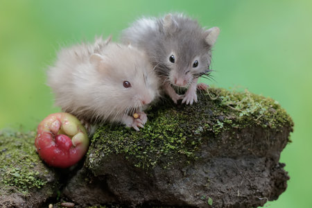 Hamsters on a mossy rockの写真素材