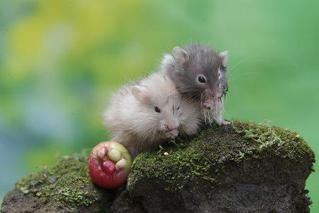 Hamster and rat sitting on a mossy rock with an appleの写真素材