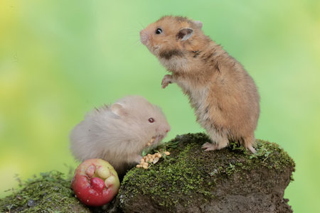 Hamster and hamster on a mossy rock with red appleの写真素材