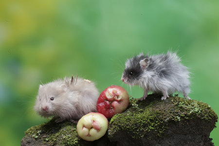 Hamsters on a rock with apples in front of a green backgroundの写真素材