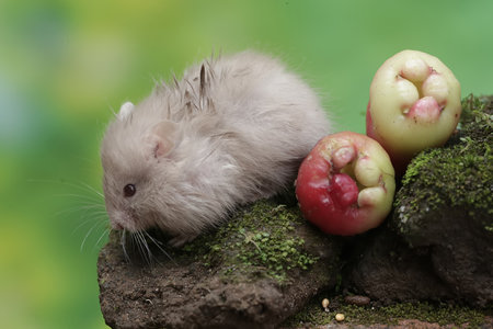 Hamster on a mossy rock with red apples in the backgroundの写真素材