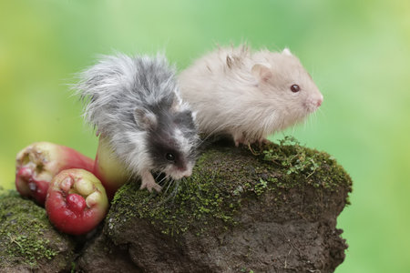 Hamster and rat on a green background. Animal themes.の写真素材