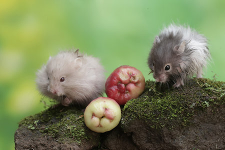 Hamsters and apples on a green background. The concept of a healthy lifestyle.