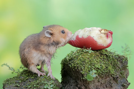 Hamster eating an apple on a mossy stump in the forestの写真素材