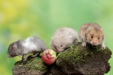 Hamsters on a mossy rock with an apple in the backgroundの写真素材