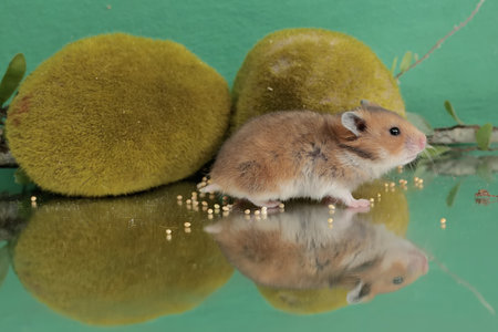 Hamster on a green background with a reflection in the water.の写真素材