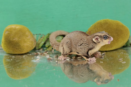 An adult sugar glider is eating sunflower seeds that fall to the ground. This mammal has the...