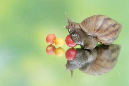 An escargot is eating the fruit of a wild plant that fell to the ground. This mollusk has the scientific name Achatina fulica.の写真素材