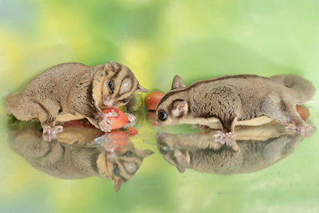 A pair of adult sugar gliders are eating a ripe fruit that falls to the ground. This mammal has the...