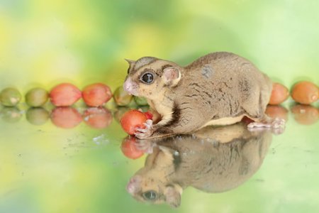 An adult sugar glider eats a ripe fruit that has fallen to the ground. This mammal has the...