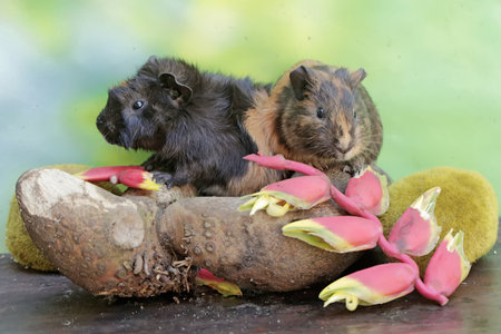 A pair of guinea pigs are eating wild banana flower arrangements that have fallen to the ground....