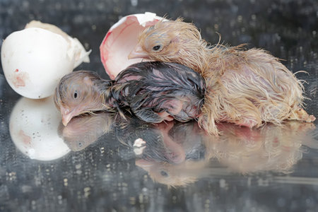 Two newly hatched chicks are in the nest. This animal has the scientific name Gallus gallus...