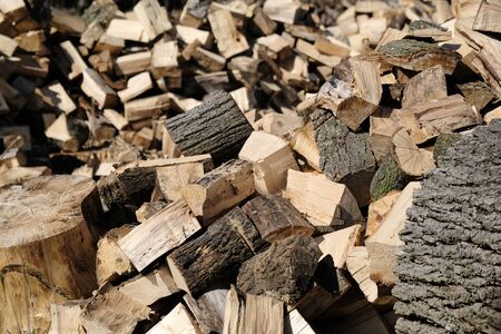Pile of wood, close-up on cut pieces of wood