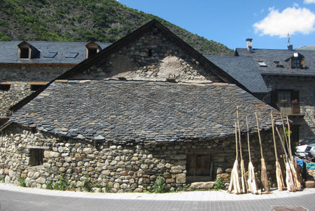 Interestinig stone house in valley Vall de Boi, Pyrenees, Spainのeditorial素材