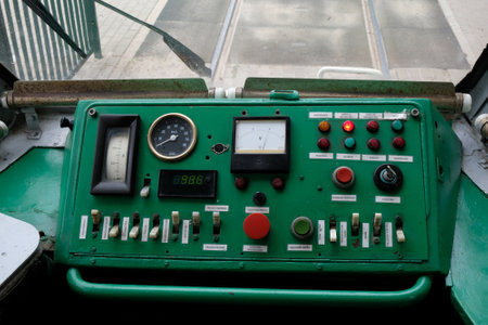 Gdansk, Poland - July 14, 2019: A retro tram running in the holiday season - inside, control devices. This is the 112Na model from 1970; the first articulated tram in Gdansk.のeditorial素材