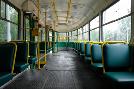 Gdansk, Poland - July 14, 2019: A retro tram running in the holiday season - inside. This is the 112Na model from 1970; the first articulated tram in Gdansk.のeditorial素材