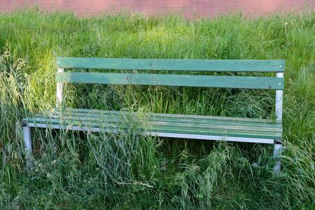 Green wooden bench overgrown with grass. A deserted place, not visited by people.の写真素材