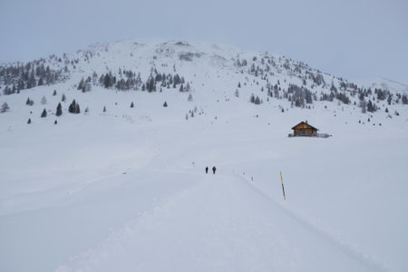 Two little silhouette of tourists on snowy trail in mountains and lonely small wooden house in foggy day, when all around is white. Around Alpe di Nemes refuge in Sexten Dolomites, South Tyrol, Italyのeditorial素材