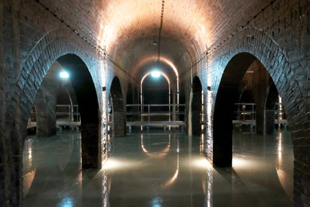 Gdansk, Poland - circa September 2020: Stara Orunia Water Reservoir. A very interesting place with naves and arcades, made of red brick. Bats live in it.のeditorial素材