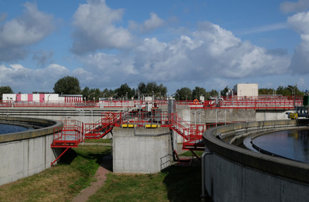 GDANSK, POLAND - around September 2019: Sewage treatment plant - settling tanks. Sewage Treatment Plant Gdansk East.のeditorial素材