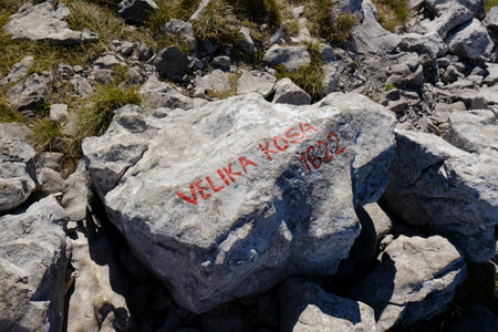 The beautiful Premuziceva Staza mountain path, Velebit National Park, Dinaric Mountains, Croatia. Rock with inscription on Velika Kosa peak.のeditorial素材