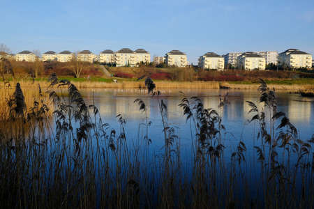 Idyllic view with estate of small identical apartment blocks on bank of lake, on the outskirts of the city. Beautiful reflections of buildings in water. Gdansk South, Zakoniczyn, Polandの写真素材
